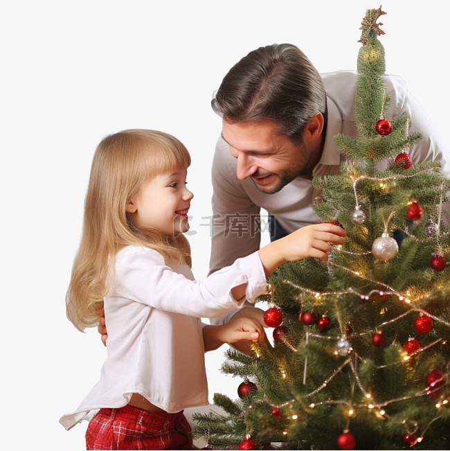 幸福的家庭父亲和女儿装饰圣诞树