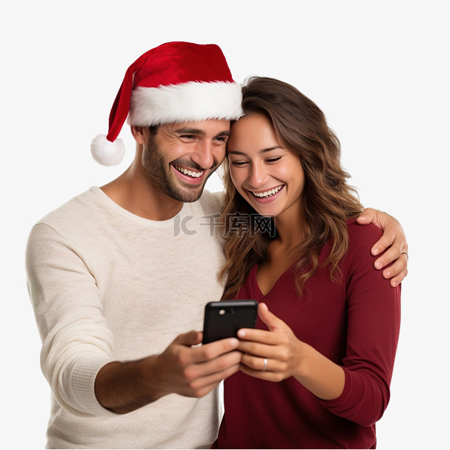 一对夫妇用智能手机进行圣诞视频