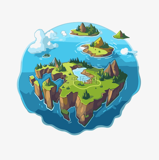 大陆剪贴画卡通风格被水包围的岛