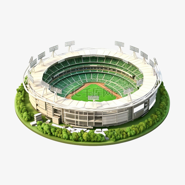 圆形板球场微型运动场 3D 插图