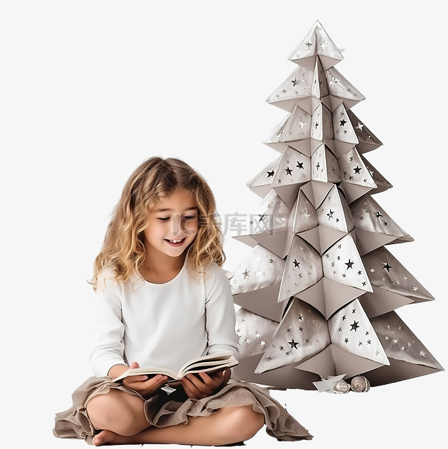 坐在一棵程式化的圣诞树旁的小女