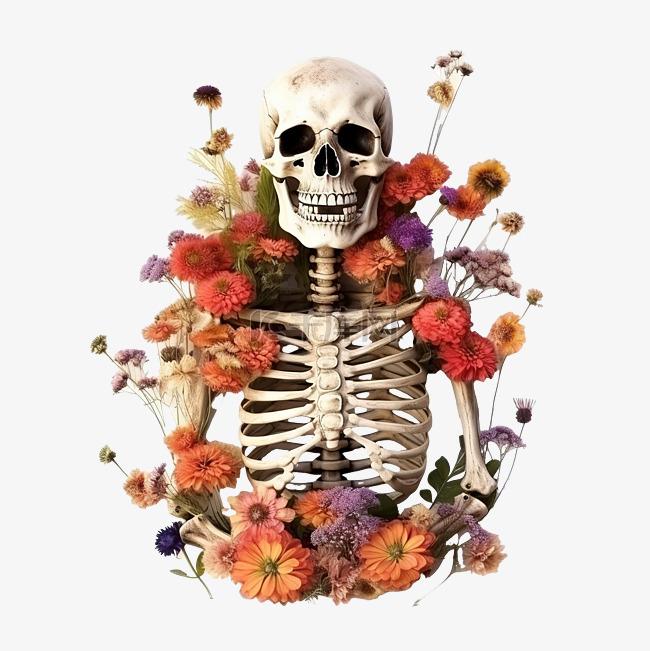 人体骨骼和孤立的花朵