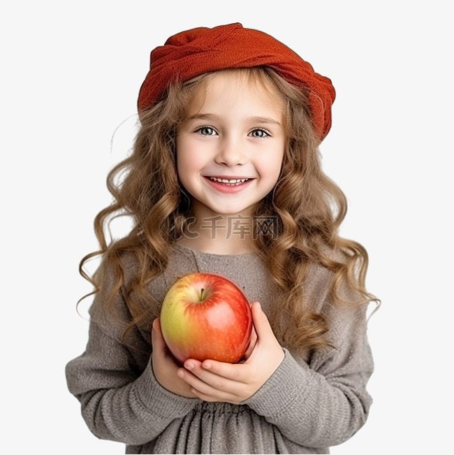 小女孩在秋季花园里拿着苹果健康