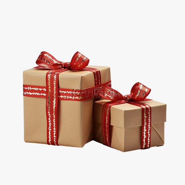 用红丝带和麻线装饰的圣诞礼品盒