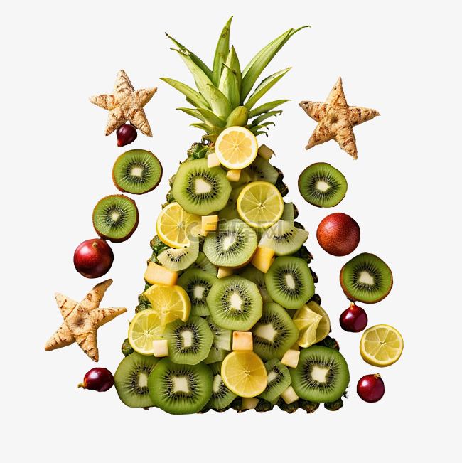 石板上用菠萝和猕猴桃制成的圣诞