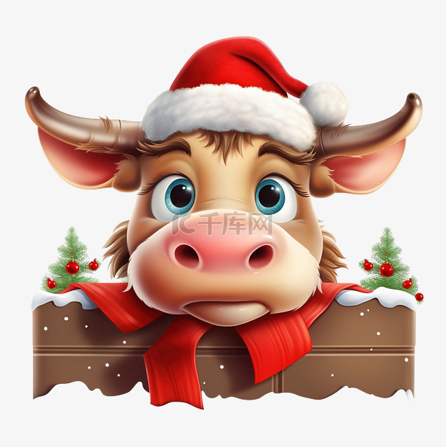可爱的圣诞公牛与空标牌卡通人物