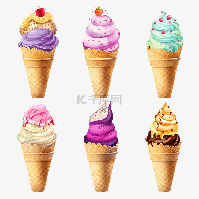 大套件冰淇淋不同类型的锥形华夫