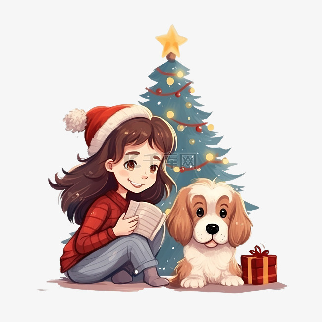 圣诞节场景中圣诞树附近有一只狗