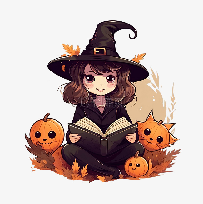 戴帽子的可爱女巫读旧书