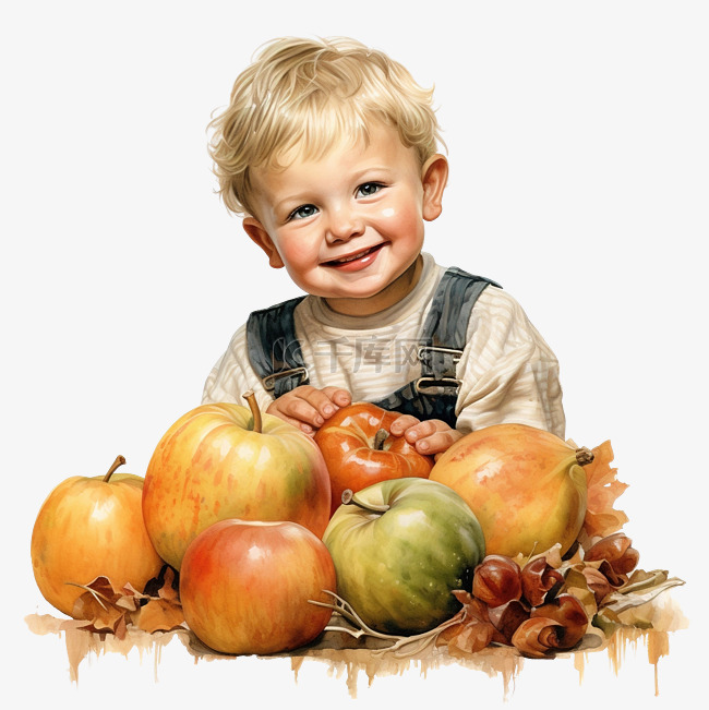 感恩节快乐小男孩用南瓜苹果和梨