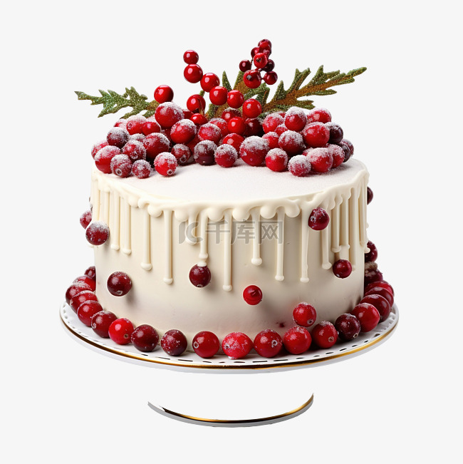 圣诞蛋糕，上面有小红莓和圣诞装