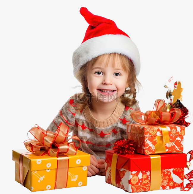 戴帽子的漂亮小女孩在礼物和圣诞
