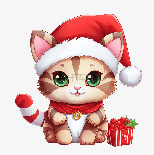 可爱的猫拿着糖果和圣诞帽卡通矢