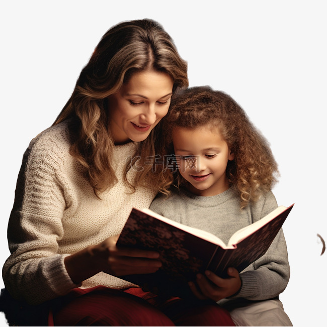 母亲和女儿在圣诞树下看书