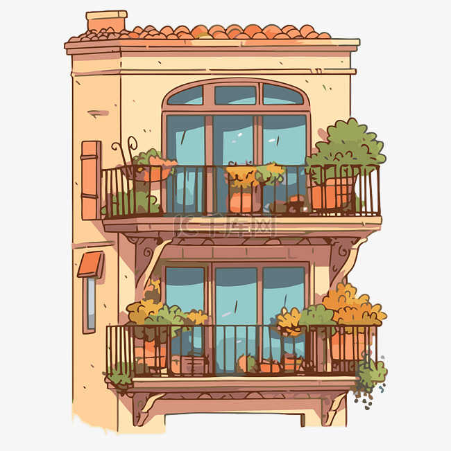 阳台剪贴画卡通插图与阳台与盆栽