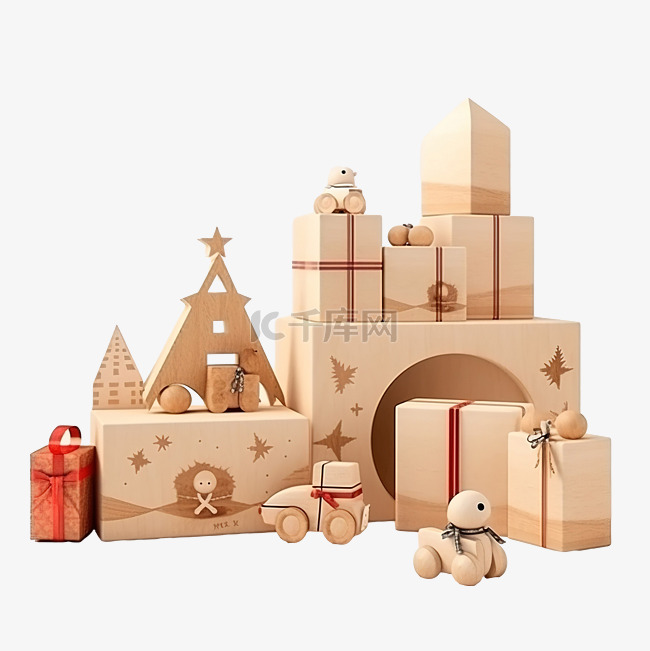 模型圣诞牛皮纸礼品盒，木制圣诞