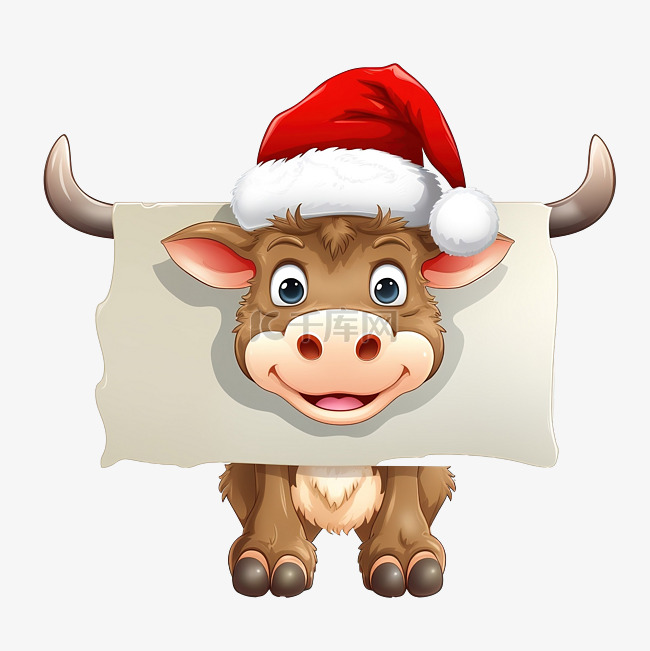 可爱的圣诞公牛与空标牌卡通人物