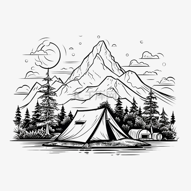 山上露营线条艺术插画