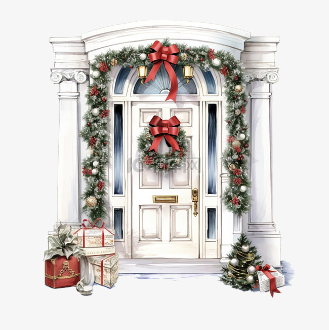 经典白色前门的插图，配有圣诞礼
