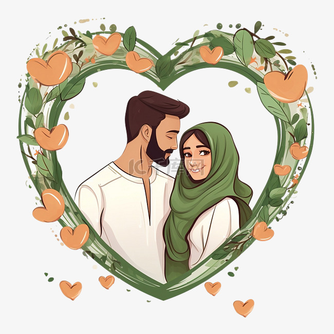 卡通阿拉伯夫妇的肖像拥抱叶心装
