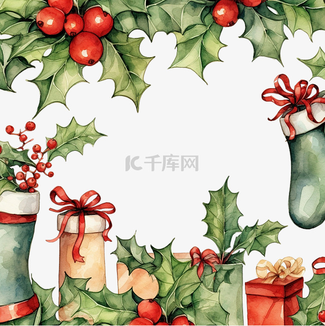 圣诞冬青边框与长袜和礼物