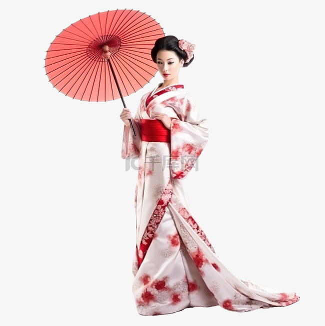 日本艺妓穿着和服打着伞