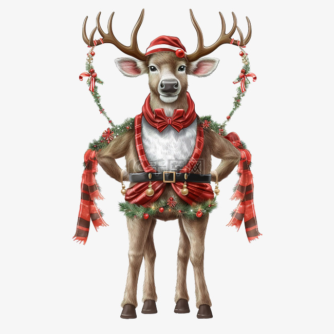 圣诞驯鹿戴着圣诞老人帽子，围着