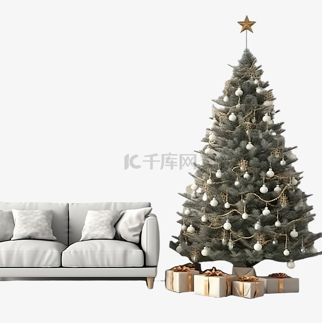 节日室内装饰有圣诞树和沙发