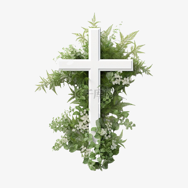 复活节 3d 插图与植物交叉