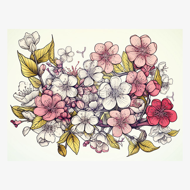 樱花和鲜花手绘插画