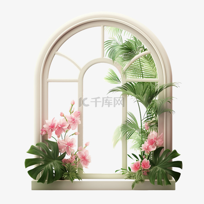 绿色植物和粉色窗框
