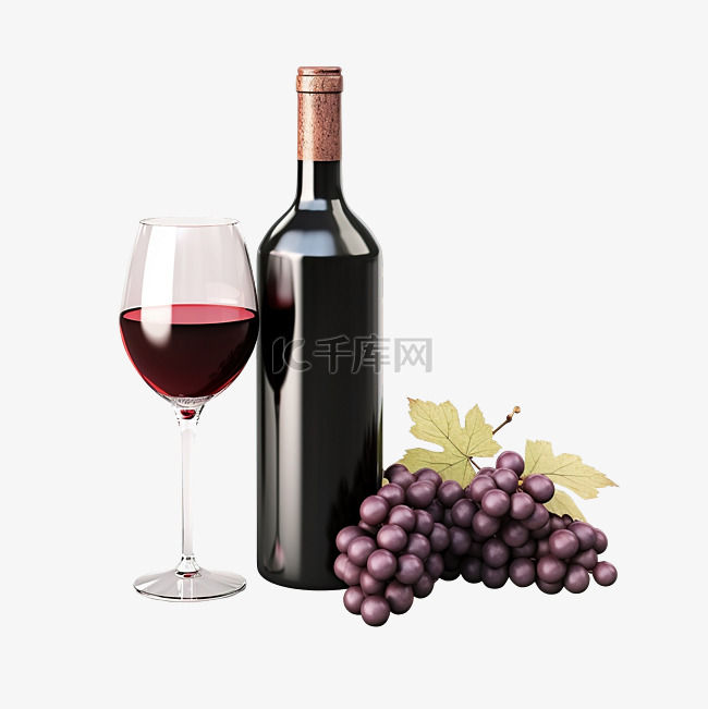 3d 渲染葡萄酒瓶和玻璃