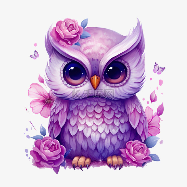 紫色猫头鹰与花