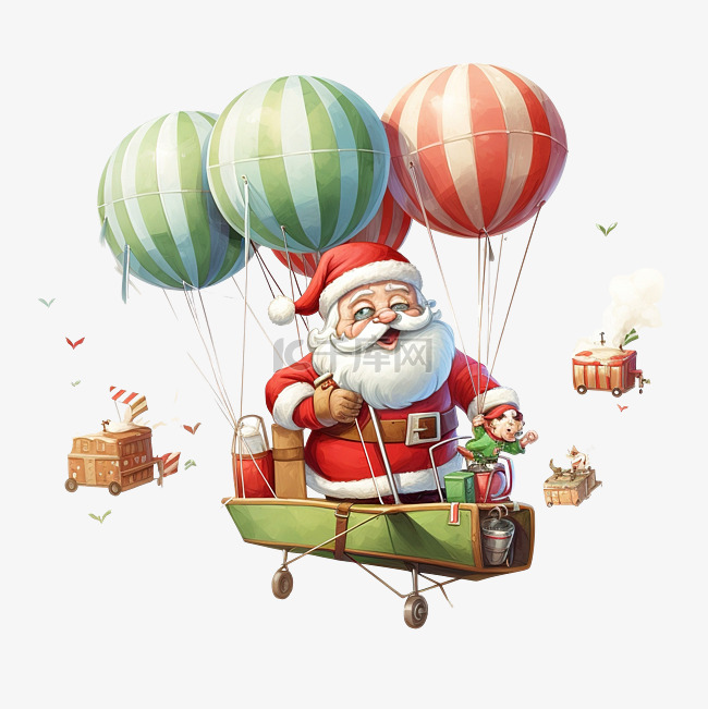 卡通圣诞老人乘坐飞机和降落伞与