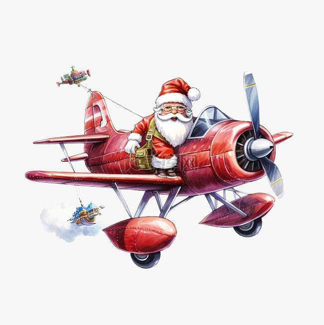 圣诞老人乘坐红色飞机带着礼物飞
