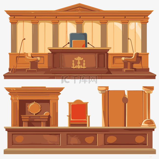 法庭剪贴画，由卡通风格的旧法庭