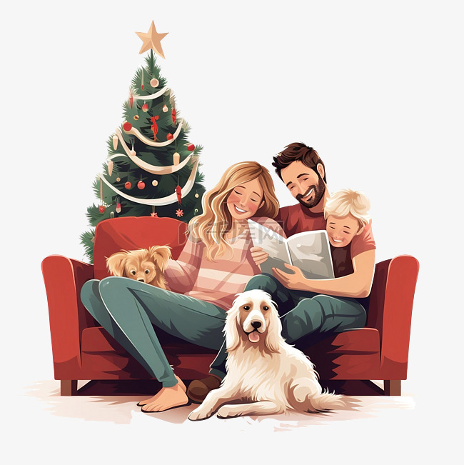 幸福的家庭坐在圣诞树附近家里的