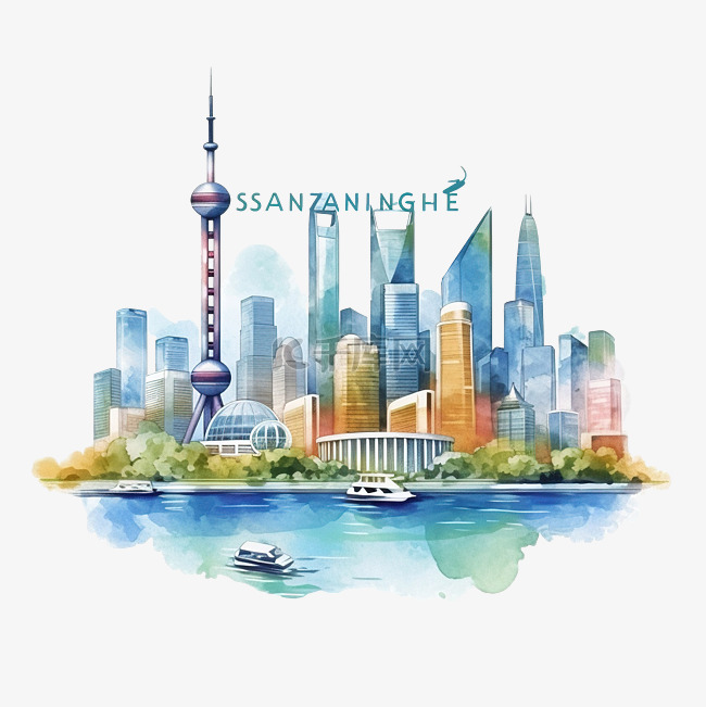 上海城市景观天际线多彩水彩风格