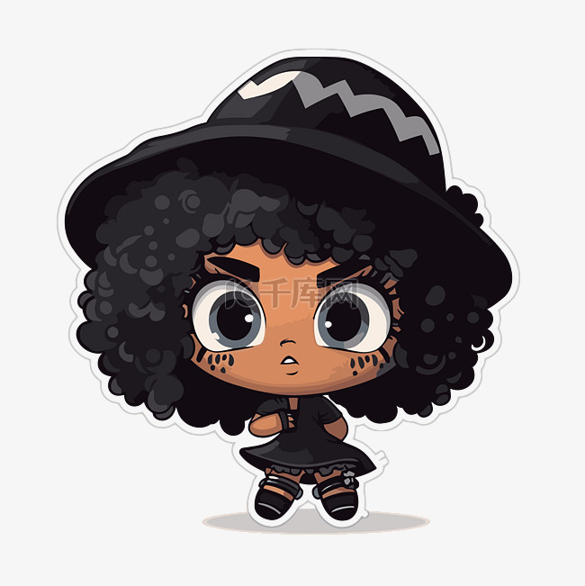 黑色娃娃头上戴着一顶黑帽子剪贴