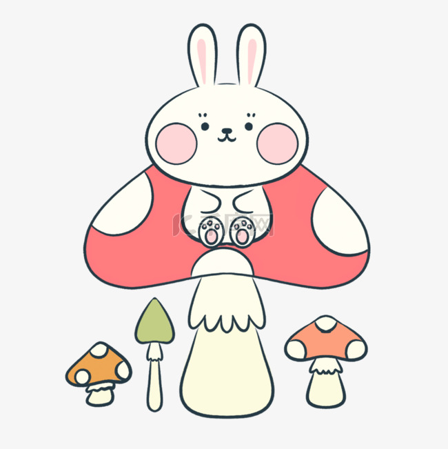坐在蘑菇上的小兔子