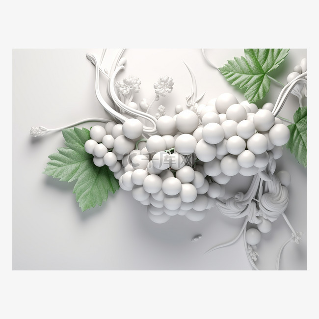 白葡萄和树叶的 3d 渲染