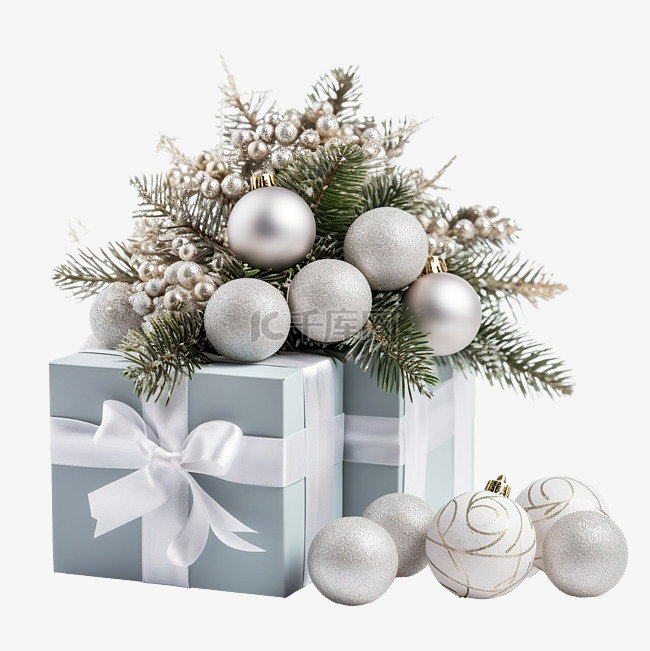 圣诞球盒，上面有礼物和白色木质