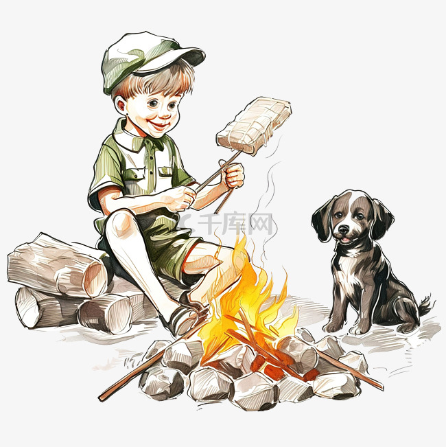 小童子军和他有趣的小狗在篝火上