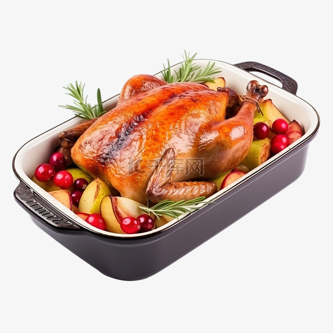 圣诞鸭，配苹果和香草，放在白锅