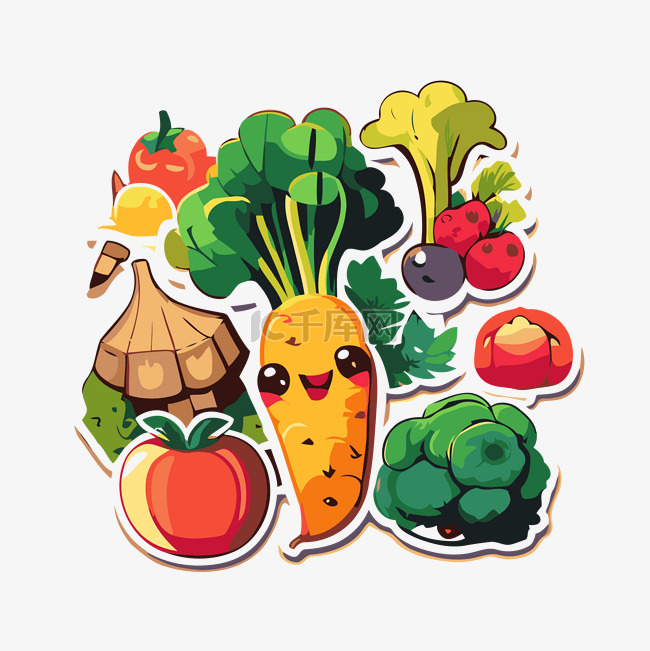 一套卡通蔬菜和水果贴纸剪贴画 