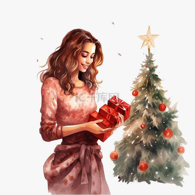 快乐美丽的女孩站在节日圣诞树旁