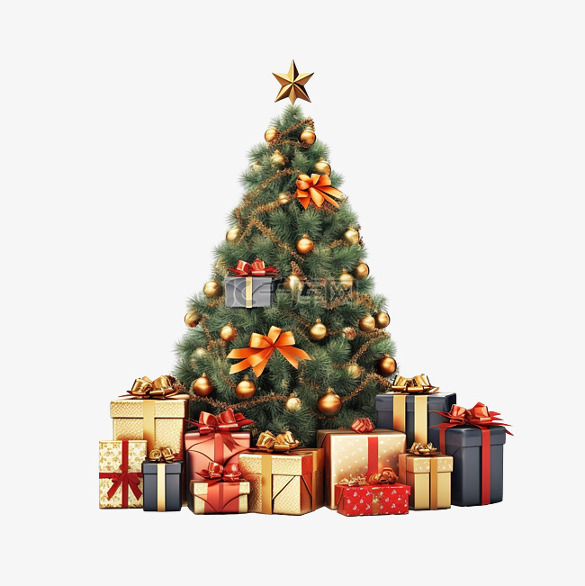 圣诞树，配有礼品盒和购物袋，供