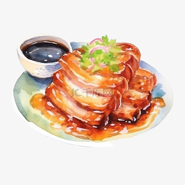 水彩日本料理妈妈叉烧猪肉