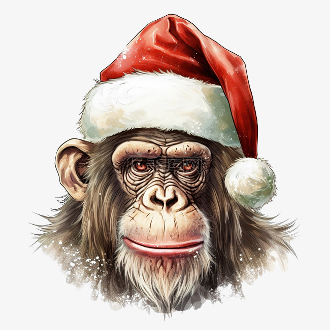 猴子头带着圣诞老人圣诞帽插画