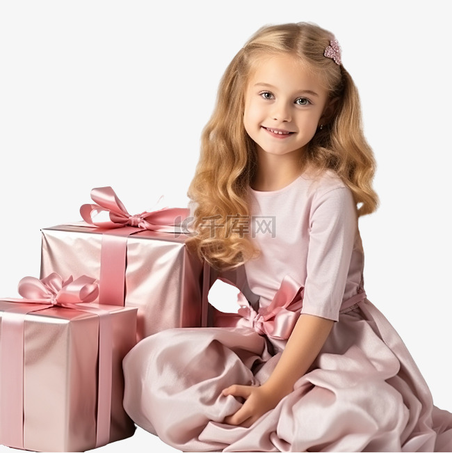圣诞树附近，身穿漂亮粉色连衣裙